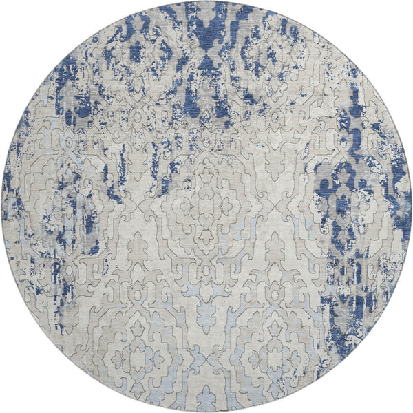 HomeRoots 8' Navy Blue Medallion Round Rug - Washable, UV-Protected, Soft Polyester for Stylish Durability! 668600