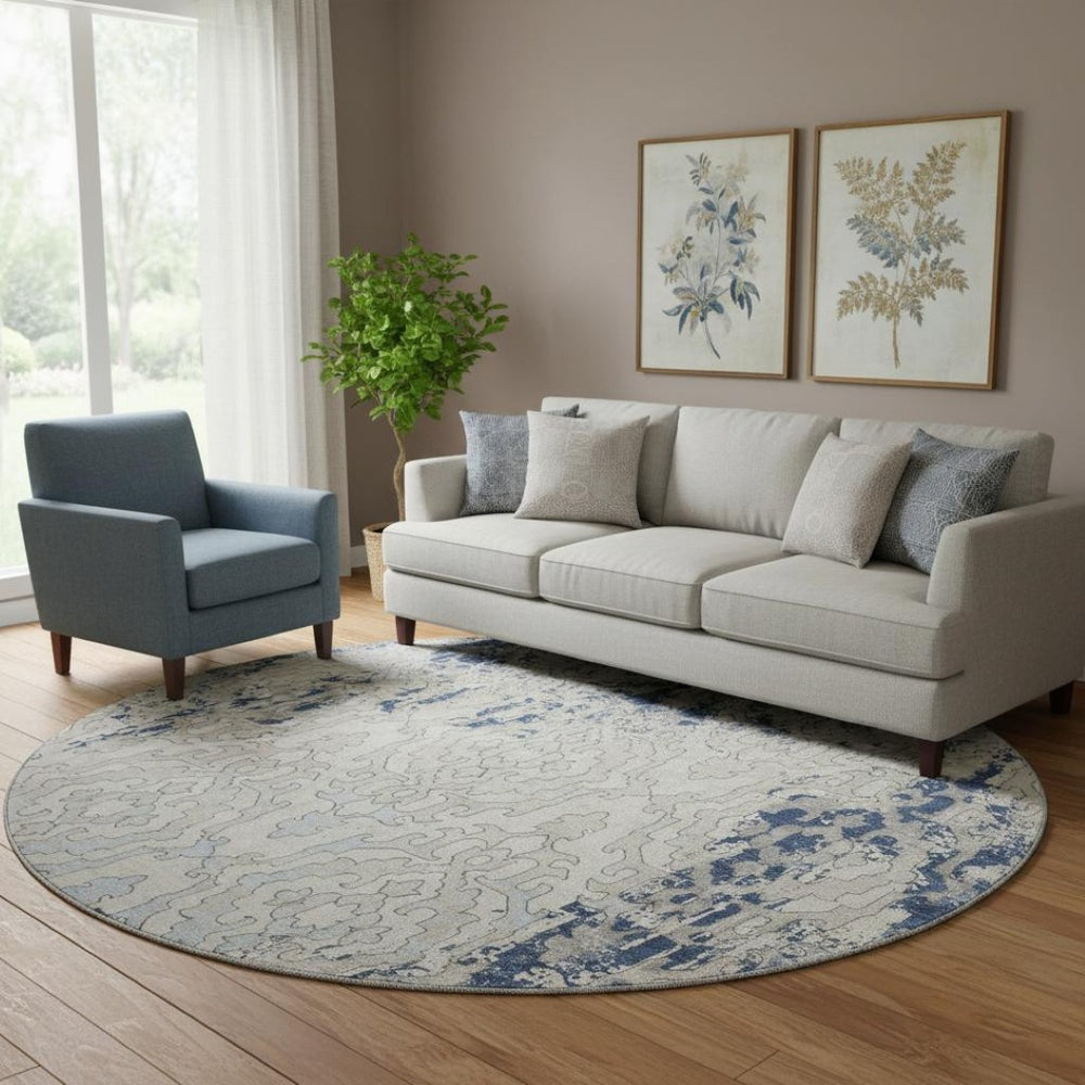 HomeRoots 8' Navy Blue Medallion Round Rug - Washable, UV-Protected, Soft Polyester for Stylish Durability! 668600