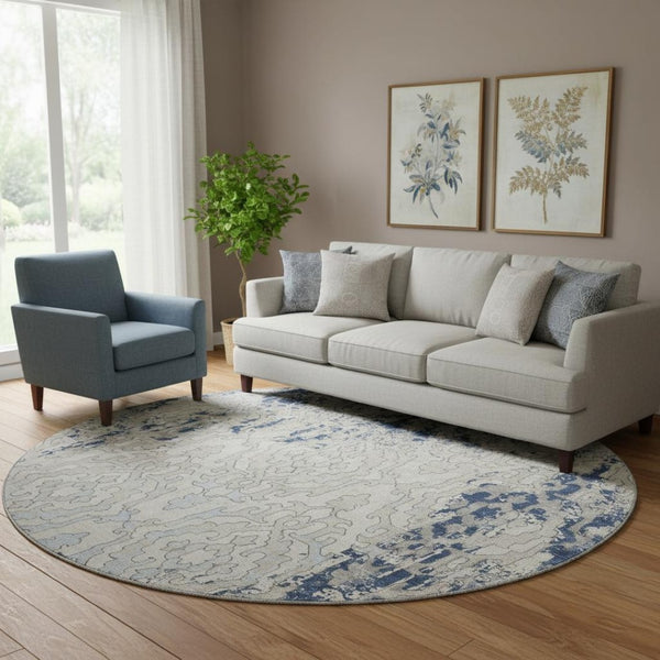 HomeRoots 8' Navy Blue Medallion Round Rug - Washable, UV-Protected, Soft Polyester for Stylish Durability! 668600