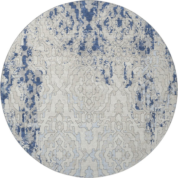 HomeRoots 8' Navy Blue Medallion Round Rug - Washable, UV-Protected, Soft Polyester for Stylish Durability! 668600