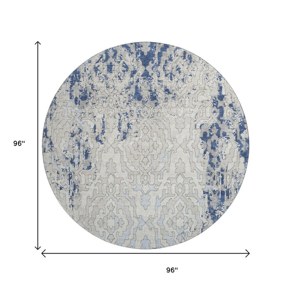 HomeRoots 8' Navy Blue Medallion Round Rug - Washable, UV-Protected, Soft Polyester for Stylish Durability! 668600