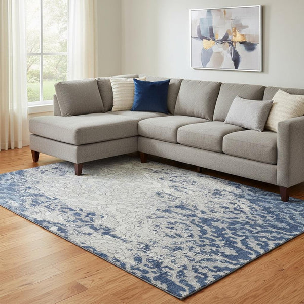 HomeRoots 8' x 10' Navy Blue Medallion Area Rug - Stain Resistant, UV Protected, Washable for Everyday Living 668601