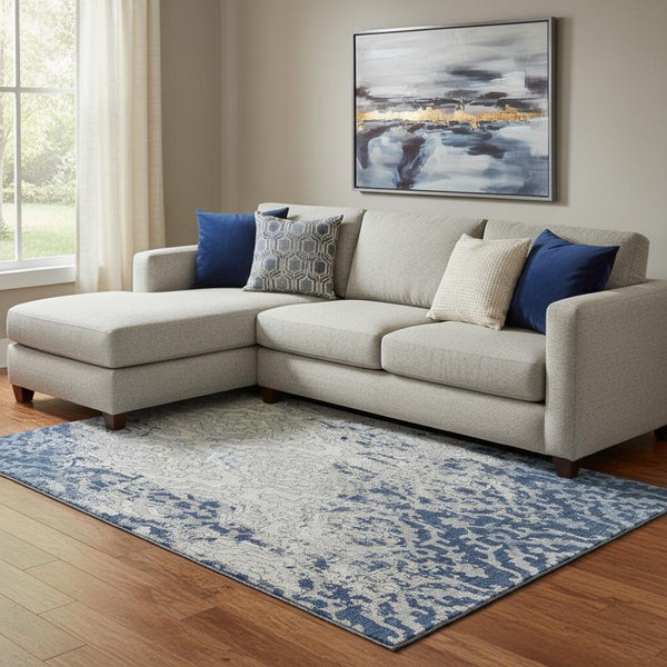 HomeRoots 9' X 12' Navy Blue Ivory Beige Medallion Area Rug – Washable, UV-Protected, Stylish & Durable Design 668602