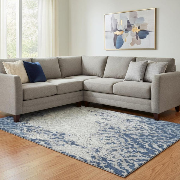 HomeRoots 10' X 14' Navy Blue Ivory Beige Medallion Area Rug - Washable, Stain Resistant, UV Protected Elegance 668603