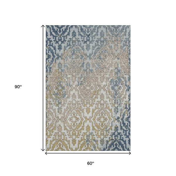HomeRoots 5' X 8' Sky Blue Gold Ivory Medallion Area Rug – Washable, UV-Protected, Perfect for Busy Homes! 668605