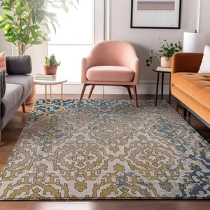 HomeRoots 5' X 8' Sky Blue Gold Ivory Medallion Area Rug – Washable, UV-Protected, Perfect for Busy Homes! 668605