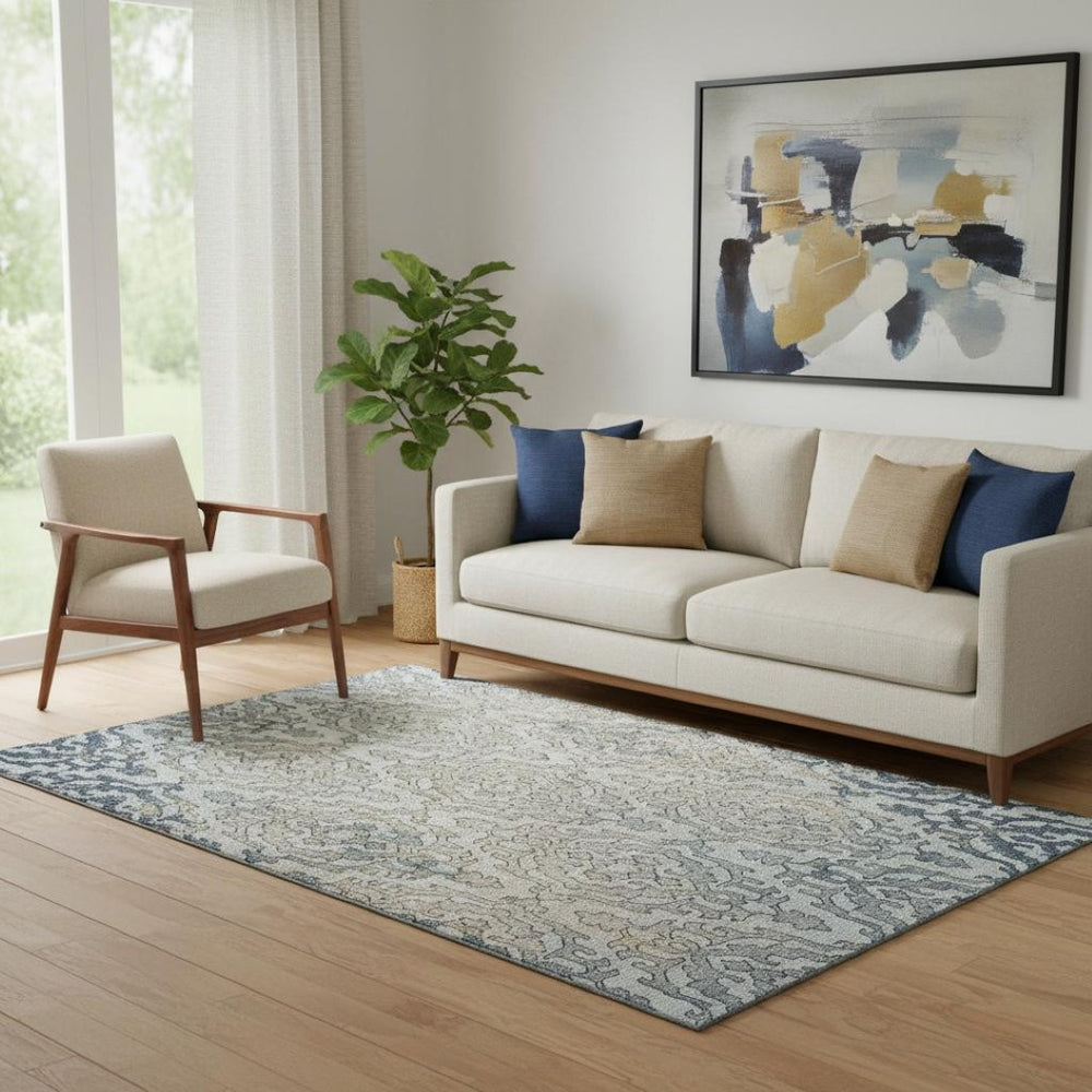 HomeRoots 5' X 8' Sky Blue Gold Ivory Medallion Area Rug – Washable, UV-Protected, Perfect for Busy Homes! 668605