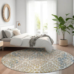 HomeRoots 8' Sky Blue Gold Ivory Medallion Round Rug - Washable, UV Protected, Stain Resistant for Homes 668606