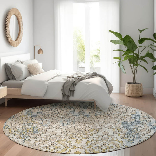 HomeRoots 8' Sky Blue Gold Ivory Medallion Round Rug - Washable, UV Protected, Stain Resistant for Homes 668606