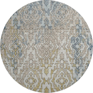 HomeRoots 8' Sky Blue Gold Ivory Medallion Round Rug - Washable, UV Protected, Stain Resistant for Homes 668606