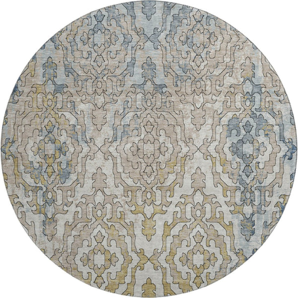 HomeRoots 8' Sky Blue Gold Ivory Medallion Round Rug - Washable, UV Protected, Stain Resistant for Homes 668606