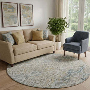 HomeRoots 8' Sky Blue Gold Ivory Medallion Round Rug - Washable, UV Protected, Stain Resistant for Homes 668606