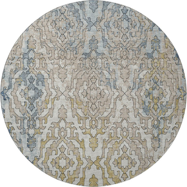 HomeRoots 8' Sky Blue Gold Ivory Medallion Round Rug - Washable, UV Protected, Stain Resistant for Homes 668606