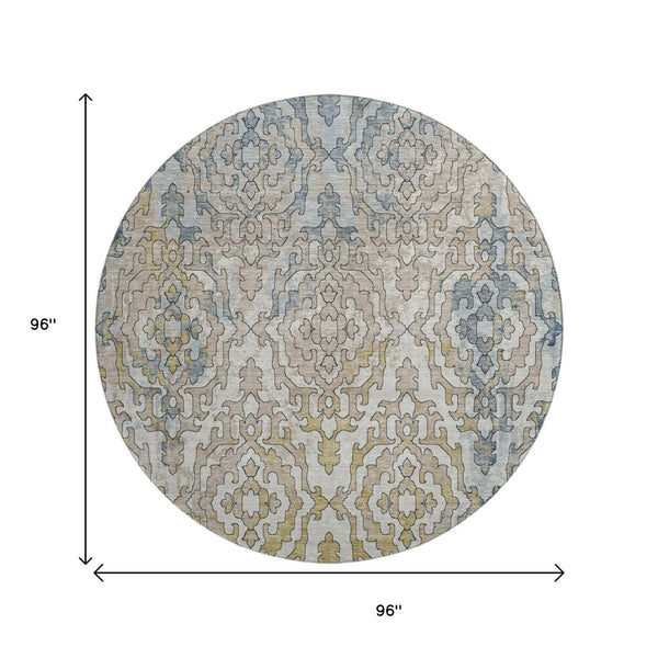 HomeRoots 8' Sky Blue Gold Ivory Medallion Round Rug - Washable, UV Protected, Stain Resistant for Homes 668606