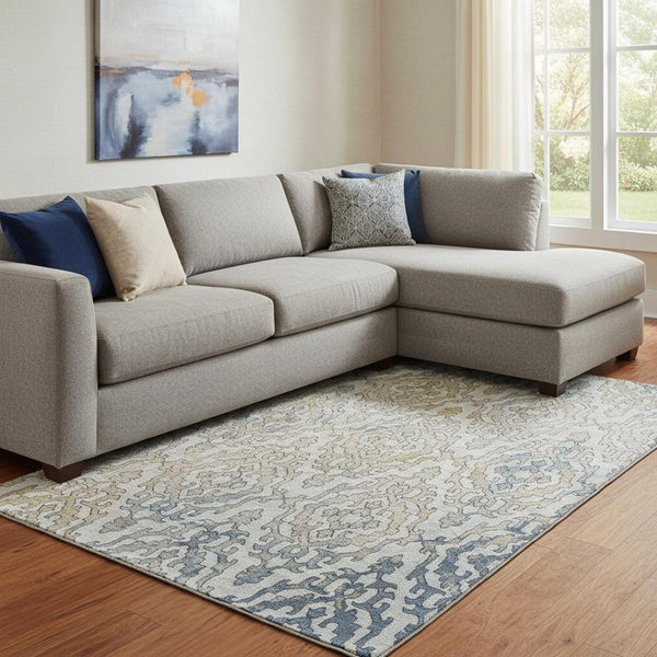 HomeRoots 8' X 10' Sky Blue Gold Ivory Medallion Area Rug – Durable, Stain Resistant with UV Protection & Non-Slip Design 668607