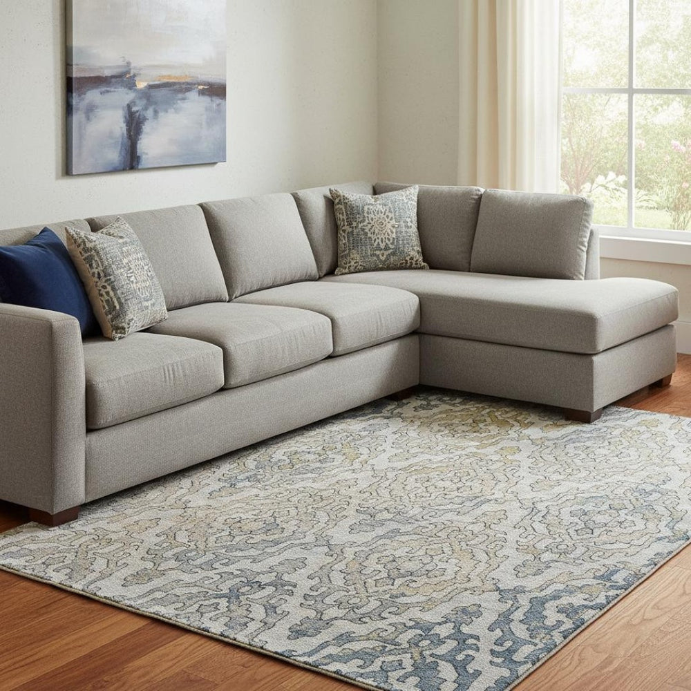 HomeRoots 10' Sky Blue Gold Ivory Medallion Washable Area Rug - Durable, UV-Protected for High-Traffic Spaces 668609