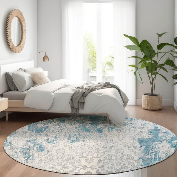 HomeRoots 8' Teal Ivory Gray Medallion Washable Round Rug with UV Protection - Durable, Stylish, Easy Care! 668612