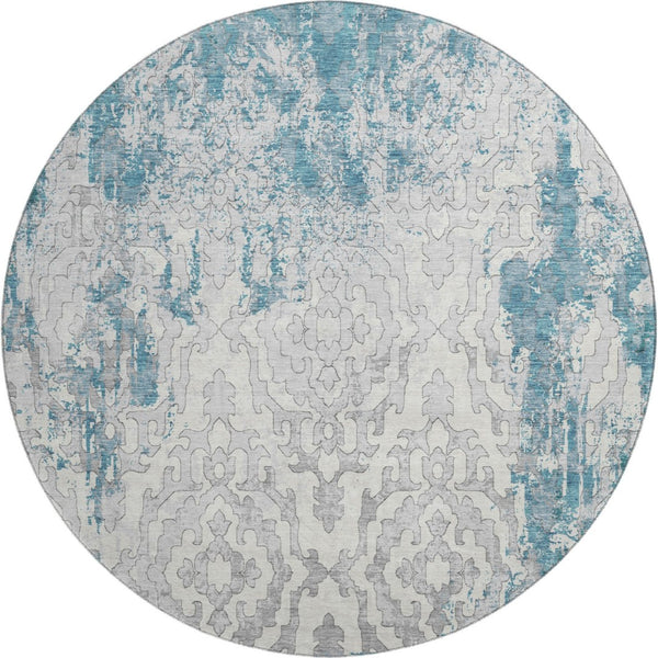 HomeRoots 8' Teal Ivory Gray Medallion Washable Round Rug with UV Protection - Durable, Stylish, Easy Care! 668612