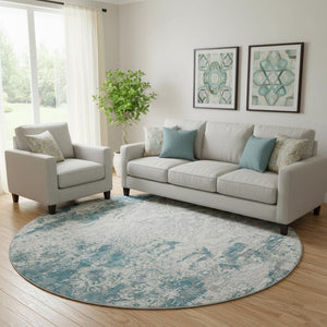HomeRoots 8' Teal Ivory Gray Medallion Washable Round Rug with UV Protection - Durable, Stylish, Easy Care! 668612