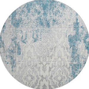 HomeRoots 8' Teal Ivory Gray Medallion Washable Round Rug with UV Protection - Durable, Stylish, Easy Care! 668612