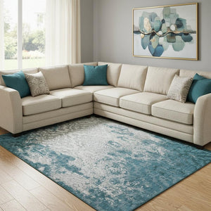 HomeRoots 8' X 10' Stylish Teal Ivory Gray Medallion Rug - Washable, UV-Protected, Kid & Pet Friendly! 668613