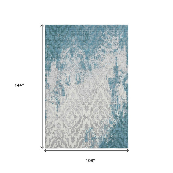 HomeRoots 9' Teal Ivory Gray Medallion Washable Area Rug - Durable, Stain-Resistant, UV Protected Elegance 668614