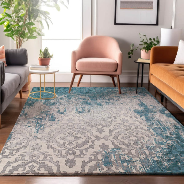 HomeRoots 9' Teal Ivory Gray Medallion Washable Area Rug - Durable, Stain-Resistant, UV Protected Elegance 668614