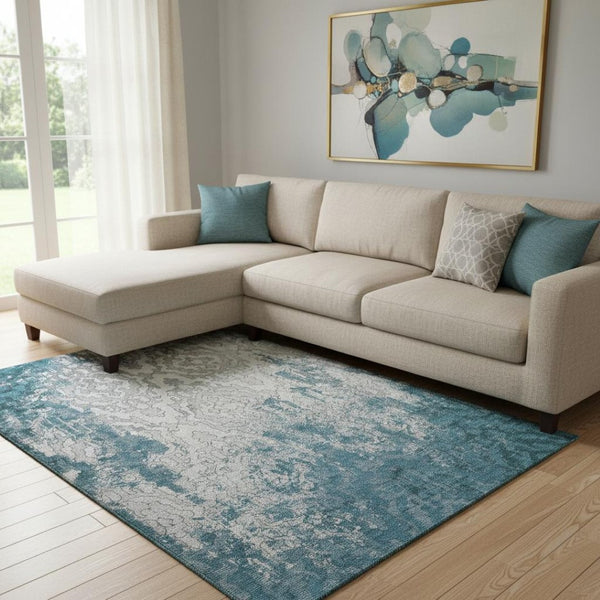 HomeRoots 9' Teal Ivory Gray Medallion Washable Area Rug - Durable, Stain-Resistant, UV Protected Elegance 668614