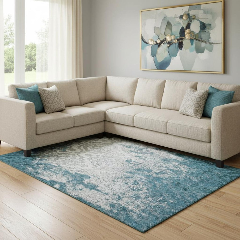 HomeRoots 10' Teal, Ivory & Gray Medallion Area Rug - Washable, UV-Protected, Durable Design for Busy Homes 668615