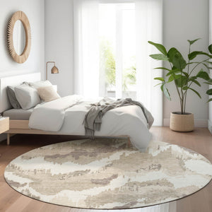 HomeRoots 8' Beige and Ivory Abstract Round Rug – Washable, Durable, UV-Protected, Perfect for Busy Homes 668618