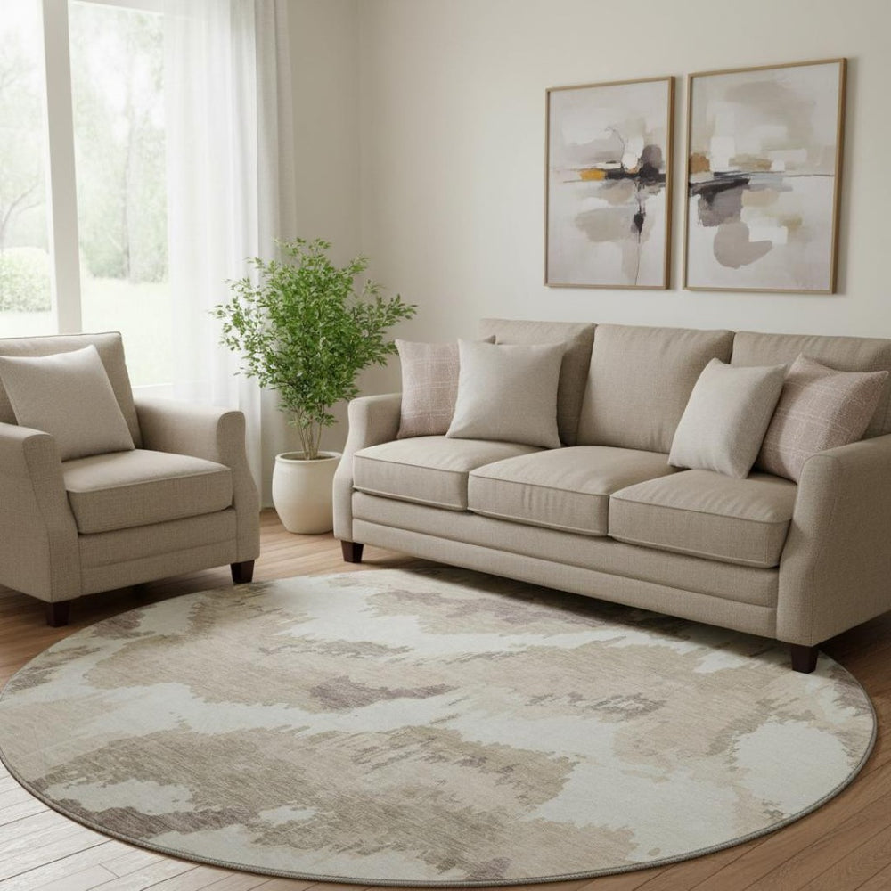 HomeRoots 8' Beige and Ivory Abstract Round Rug – Washable, Durable, UV-Protected, Perfect for Busy Homes 668618