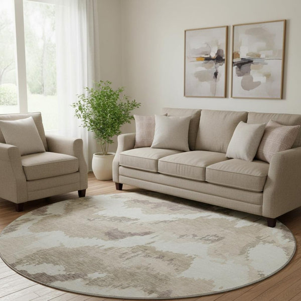 HomeRoots 8' Beige and Ivory Abstract Round Rug – Washable, Durable, UV-Protected, Perfect for Busy Homes 668618