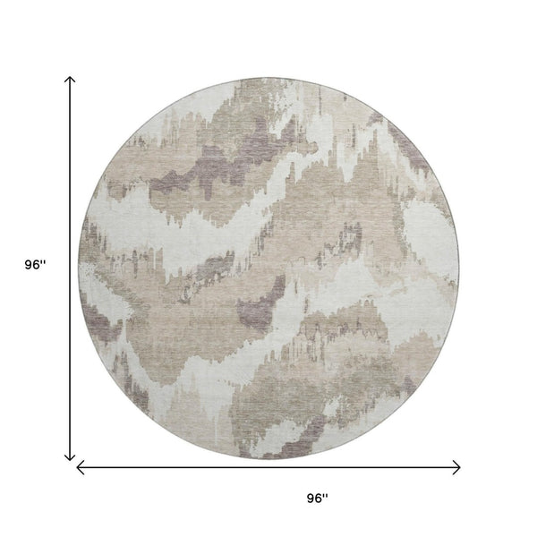 HomeRoots 8' Beige and Ivory Abstract Round Rug – Washable, Durable, UV-Protected, Perfect for Busy Homes 668618