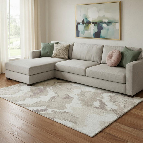 HomeRoots 8' X 10' Beige And Ivory Abstract Washable Area Rug - Durable, Stylish, UV-Protected For Busy Homes 668619