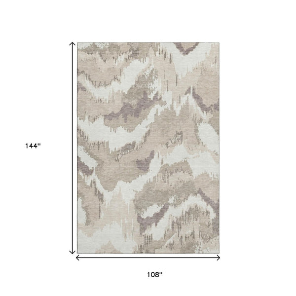 HomeRoots 9' X 12' Modern Abstract Beige and Ivory Washable Area Rug with UV Protection for Active Homes 668620