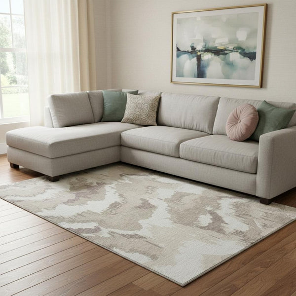 HomeRoots 9' X 12' Modern Abstract Beige and Ivory Washable Area Rug with UV Protection for Active Homes 668620