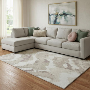 HomeRoots 10' X 14' Beige & Ivory Abstract Washable Area Rug - Stylish, Durable, UV-Protected for Any Space 668621