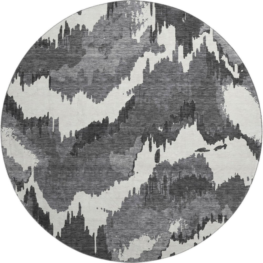 HomeRoots 8' Black And Ivory Abstract Round Rug - Stylish, Washable, UV-Protected for Busy Homes & Spaces 668624
