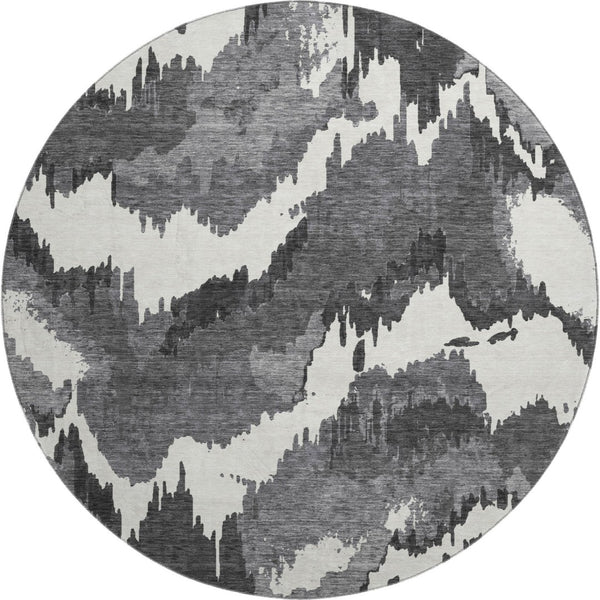 HomeRoots 8' Black And Ivory Abstract Round Rug - Stylish, Washable, UV-Protected for Busy Homes & Spaces 668624