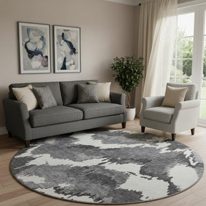 HomeRoots 8' Black And Ivory Abstract Round Rug - Stylish, Washable, UV-Protected for Busy Homes & Spaces 668624