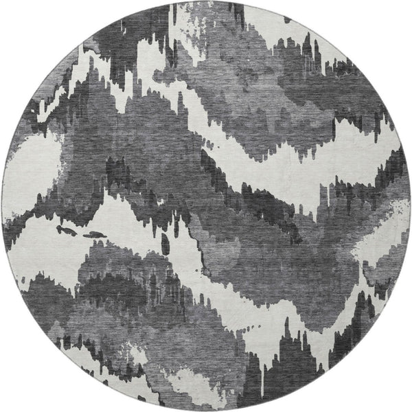 HomeRoots 8' Black And Ivory Abstract Round Rug - Stylish, Washable, UV-Protected for Busy Homes & Spaces 668624