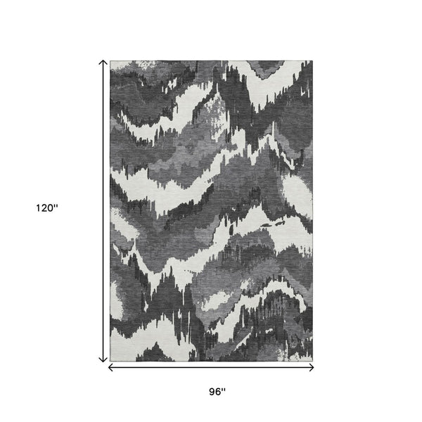 HomeRoots 8' X 10' Stylish Black and Ivory Abstract Washable Area Rug with UV Protection for Modern Living Spaces 668625