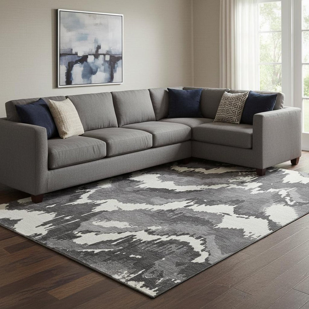 HomeRoots 8' X 10' Stylish Black and Ivory Abstract Washable Area Rug with UV Protection for Modern Living Spaces 668625