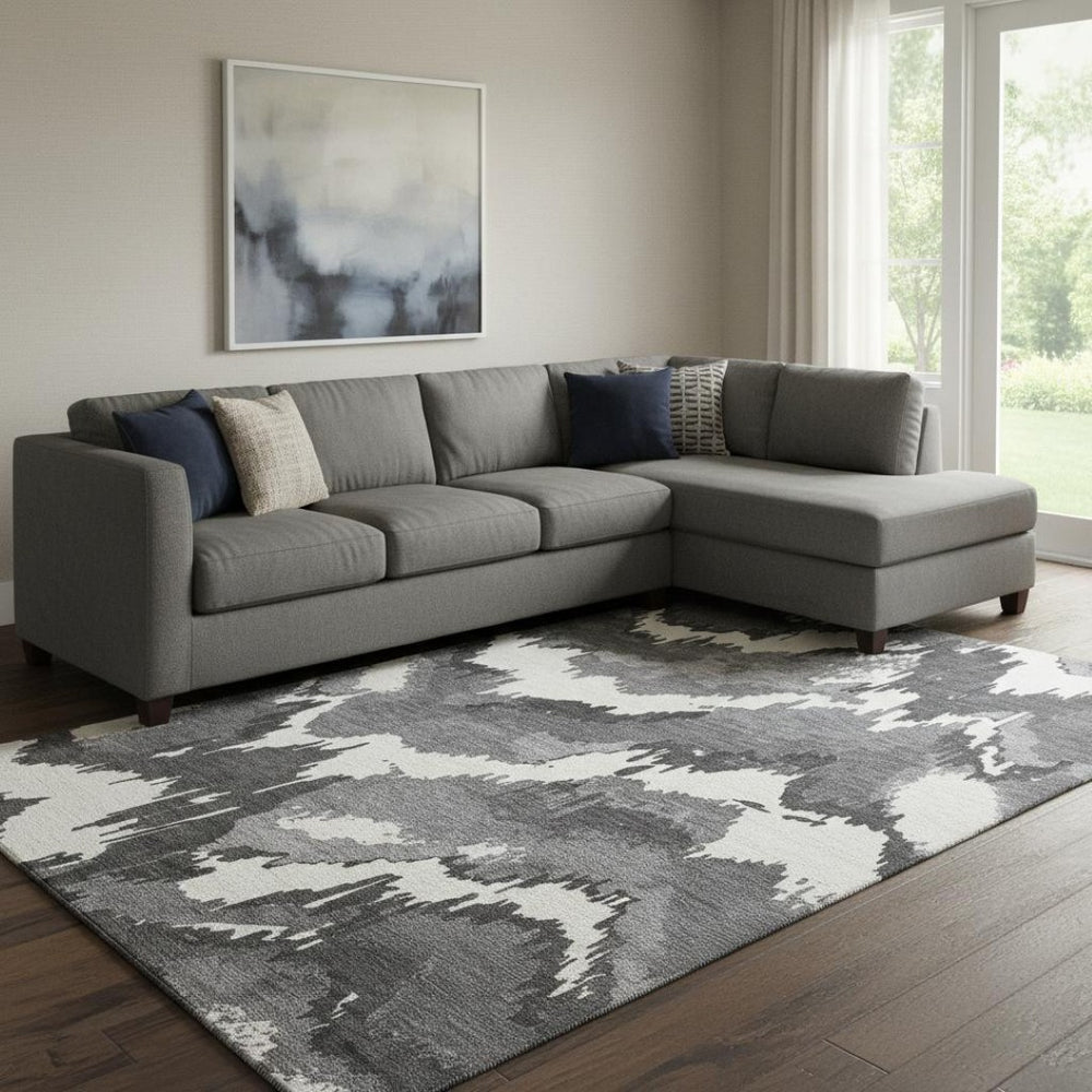 HomeRoots 9' X 12' Black And Ivory Abstract Area Rug - Durable, Washable, UV-Protected for Busy Homes & Pets 668626