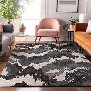 HomeRoots 9' X 12' Black And Ivory Abstract Area Rug - Durable, Washable, UV-Protected for Busy Homes & Pets 668626