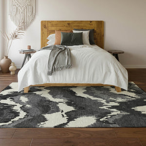 HomeRoots 9' X 12' Black And Ivory Abstract Area Rug - Durable, Washable, UV-Protected for Busy Homes & Pets 668626