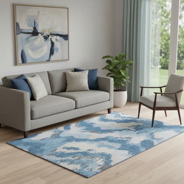 HomeRoots 5' X 8' Blue and Ivory Abstract Washable Area Rug - Durable, Stylish, UV-Protected for Family Homes 668629