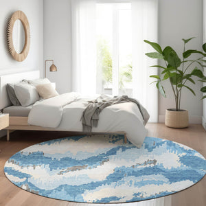 HomeRoots 8' Blue And Ivory Abstract Round Rug - Washable, UV Protected, Stain Resistant for High Traffic Areas 668630