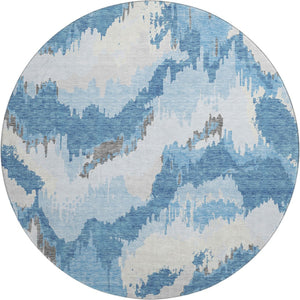 HomeRoots 8' Blue And Ivory Abstract Round Rug - Washable, UV Protected, Stain Resistant for High Traffic Areas 668630