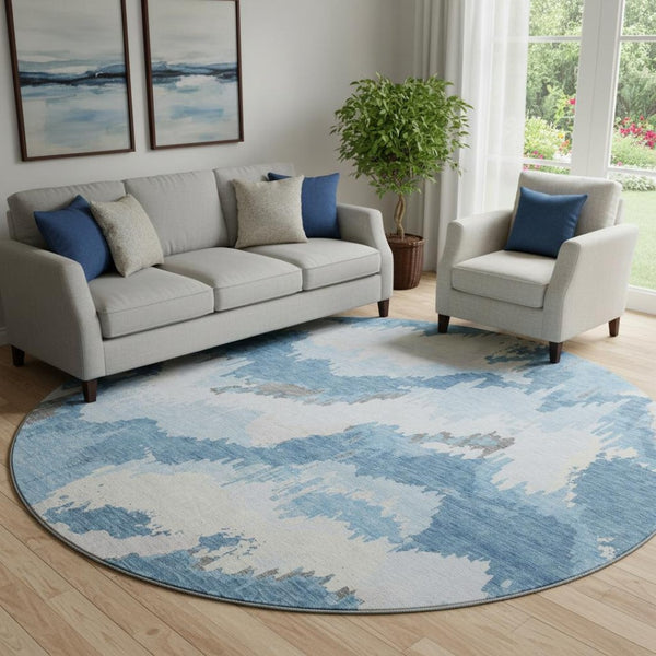 HomeRoots 8' Blue And Ivory Abstract Round Rug - Washable, UV Protected, Stain Resistant for High Traffic Areas 668630